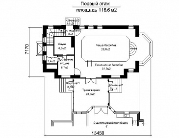 Проект пристроенного бассейна круглогодичного использования с мансардными окнами / План 1 этажа