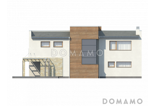 Проект современного двухэтажного дома в стиле хай-тек из газобетона с плоской крышей, гаражом и балконом / Фасад 1