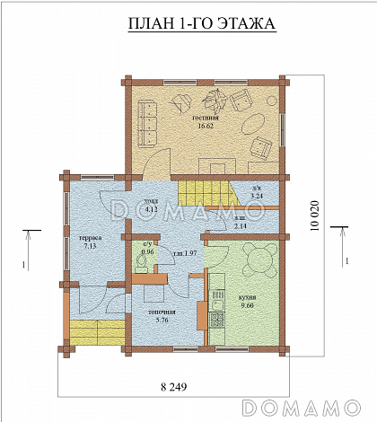 Проект компактного одноэтажного дома из оцилиндрованного бревна с мансардой / План 1 этажа
