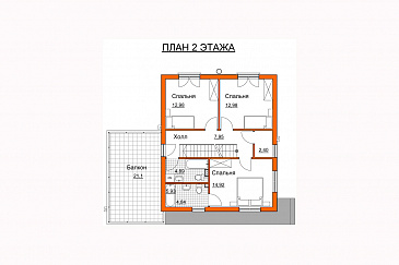 Проект современного дома с гаражом на одну машину, открытой террасой, просторной гостиной, широким балконом над гаражом / План 2 этажа