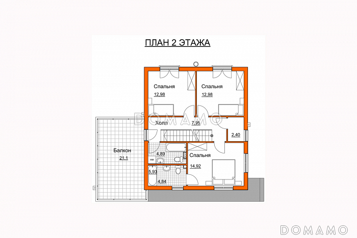 Проект современного дома с гаражом на одну машину, открытой террасой, просторной гостиной, широким балконом над гаражом / План 2 этажа