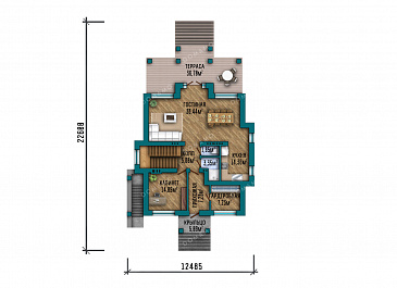 Проект большого двухэтажного дома в стиле Райт с подвалом, большой крытой террасой и балконом на втором этаже / План 1 этажа