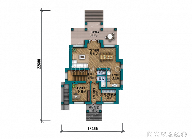 Проект большого двухэтажного дома в стиле Райт с подвалом, большой крытой террасой и балконом на втором этаже / План 1 этажа
