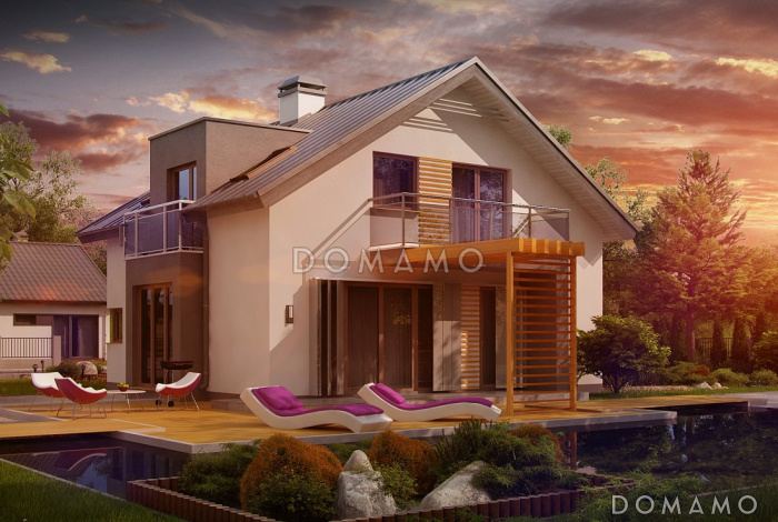 Проект одноэтажного мансардного дома из газобетона с эркером, тремя  балконами и вертикальным мансардным окном