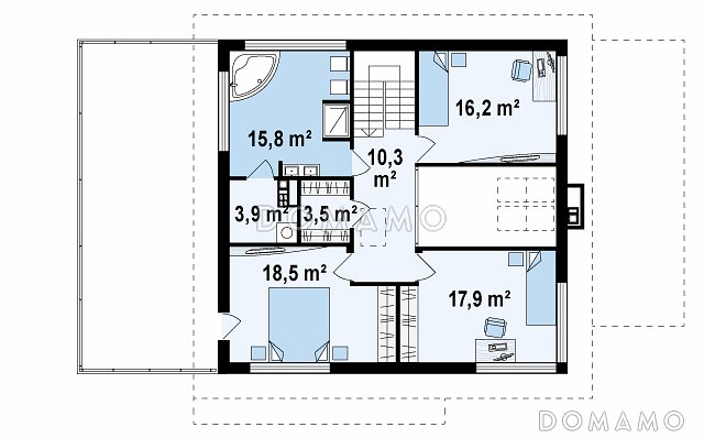 Проект простого комфортного двухэтажного дома из кирпича с тремя спальнями, вторым светом, большим гаражом и террасой над ним / План 2 этажа