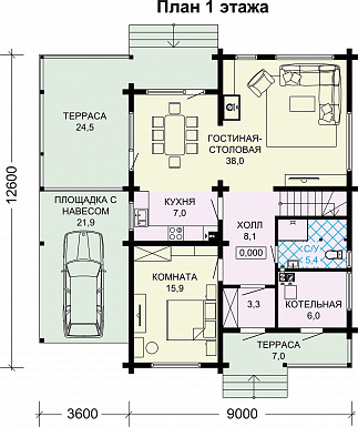 Проект деревянного дома с мансардой и навесом для машины / План 1 этажа