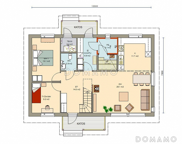 Проект современного двухэтажного каркасного дома с двускатной крышей / План 1 этажа