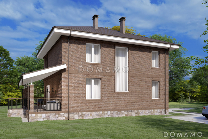 Проект двухэтажного дома с просторными террасой и гостиной-столовой