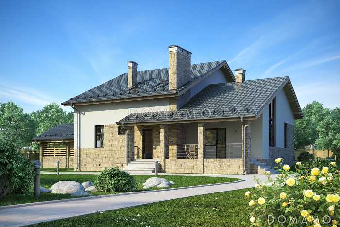 Проект загородного дома с навесом на две машины, двумя спальнями на первом этаже, террасой, вторым светом