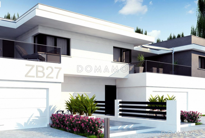 Проект современного комфортного двухэтажного дома из кирпича для двух семей с общим гаражом