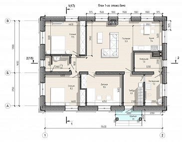 Проект дома с тремя спальнями, гостиной-кухней и постирочной / План 1 этажа