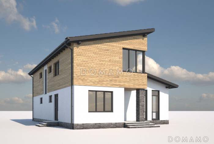 Проект дома с косой крышей, детскими комнатами, террасой, большой гостиной-столовой