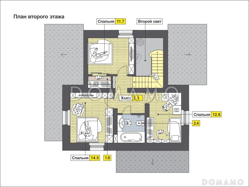 Проект частного дома в европейском стиле, с двумя террасами, мансардными окнами, простой функциональной планировкой / План мансардного этажа
