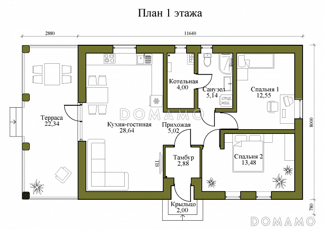 Проект одноэтажного дома из кирпича с большой террасой и двумя спальнями / План 1 этажа