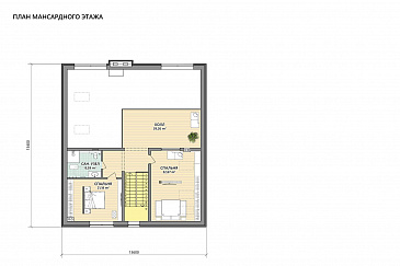 Проект каркасного дома с 3 спальнями, сауной, гаражом и навесом для автомобилей / План мансардного этажа