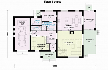 проект светлого дома с верандой и гаражом для одной машины / План 1 этажа
