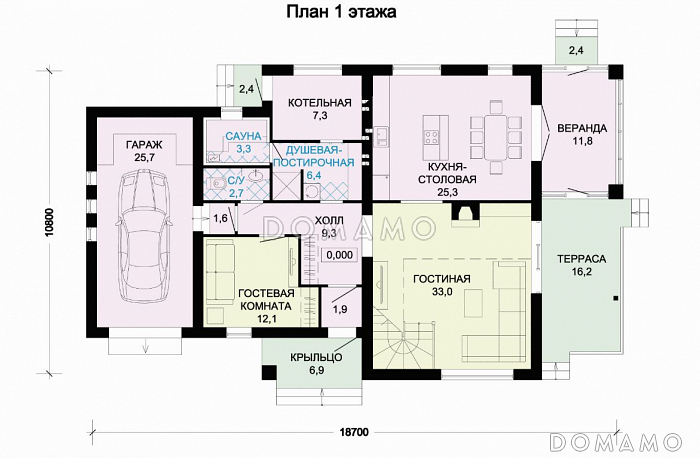 проект светлого дома с верандой и гаражом для одной машины / План 1 этажа