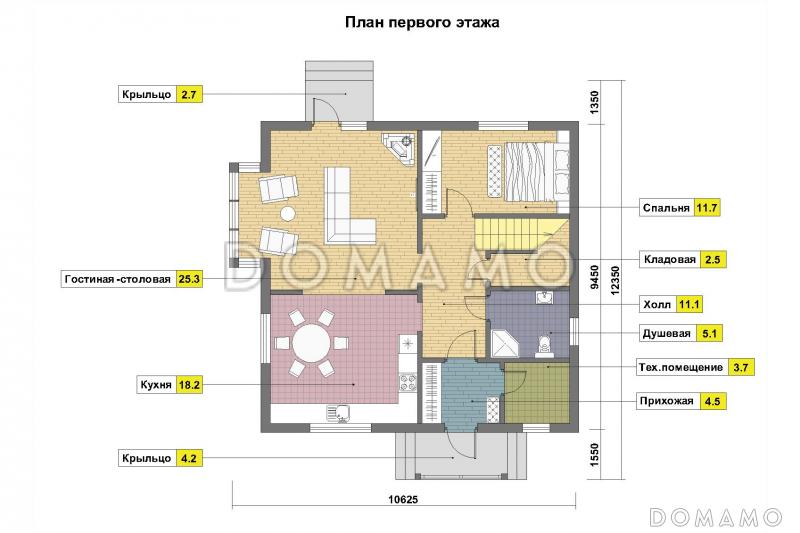 Проект кирпичного дома с эркером и спальней на первом этаже / План 1 этажа