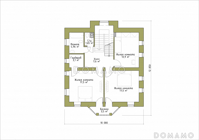 Проект классического коттеджа 10х10 с террасой из кирпича / План 2 этажа