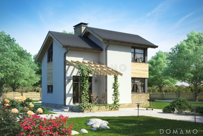 Проект дома с террасой, гостиной с камином, ванной с окном, кухней-столовой