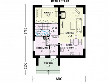 Проект двухэтажного дома с котельной с окном, комнатой на первом этаже и тремя спальнями на втором / План 1 этажа