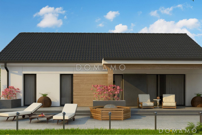 Проект одноэтажного дома с разделением спален и дневной зоны, террасой, угловой кухней, камином