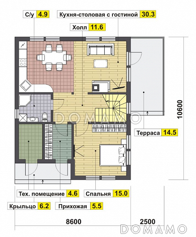 Проект дома из газобетона с четырьмя спальнями / План 1 этажа