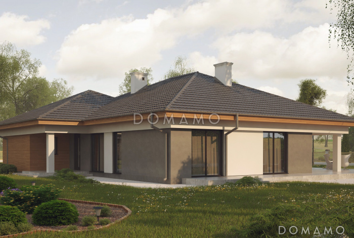 Проект одноэтажного просторного дома из газобетона с крытой террасой, эркером и гаражом для двух автомобилей 