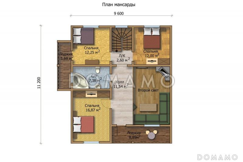 Проект большого деревянного дома, со всеми необходимыми комнатами / План мансардного этажа