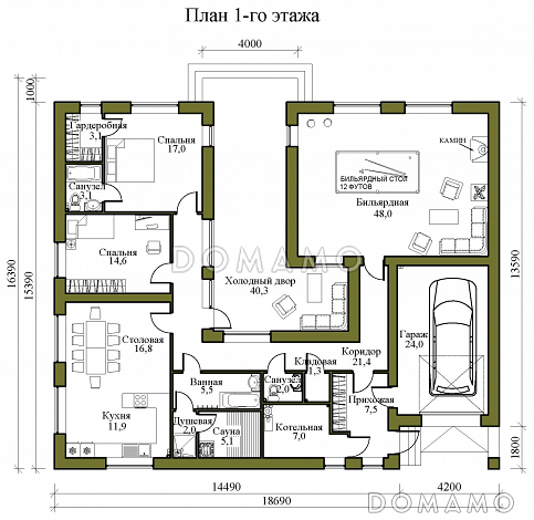 Проект одноэтажного газобетонного дома в стиле хай-тек с внутренним двором, бильярдной, сауной и гаражом / План 1 этажа
