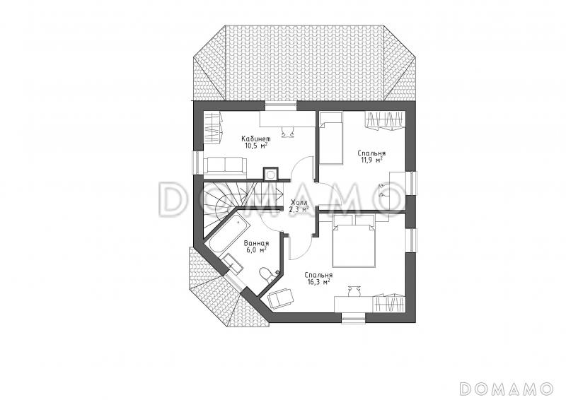 Проект квадратного  коттеджа  со входом с угла и большой террасой / План мансардного этажа