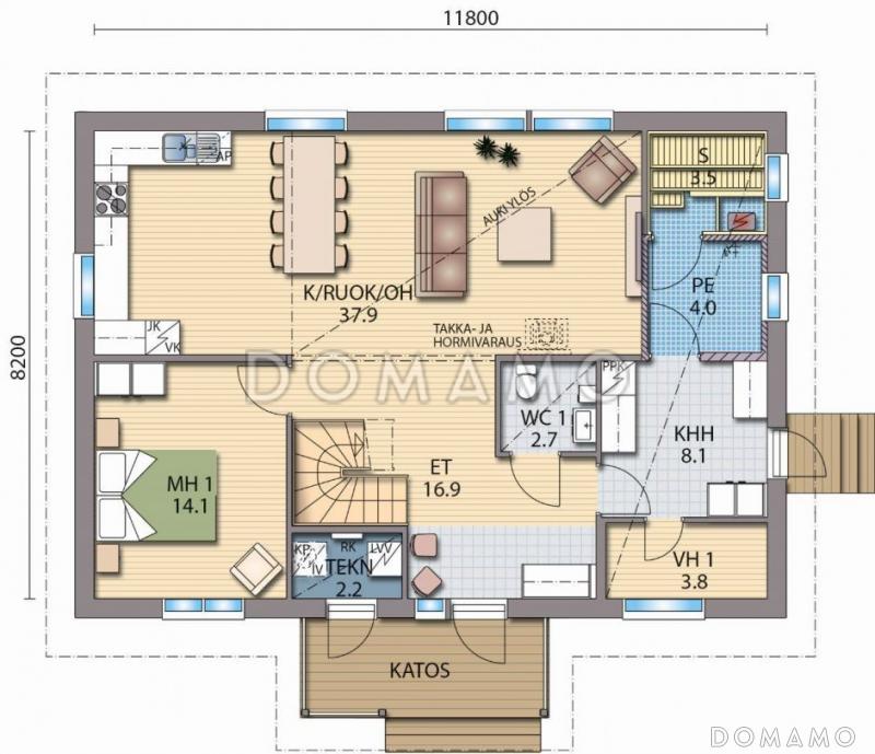 Проект каркасного дома со вторым светом над гостиной / План 1 этажа