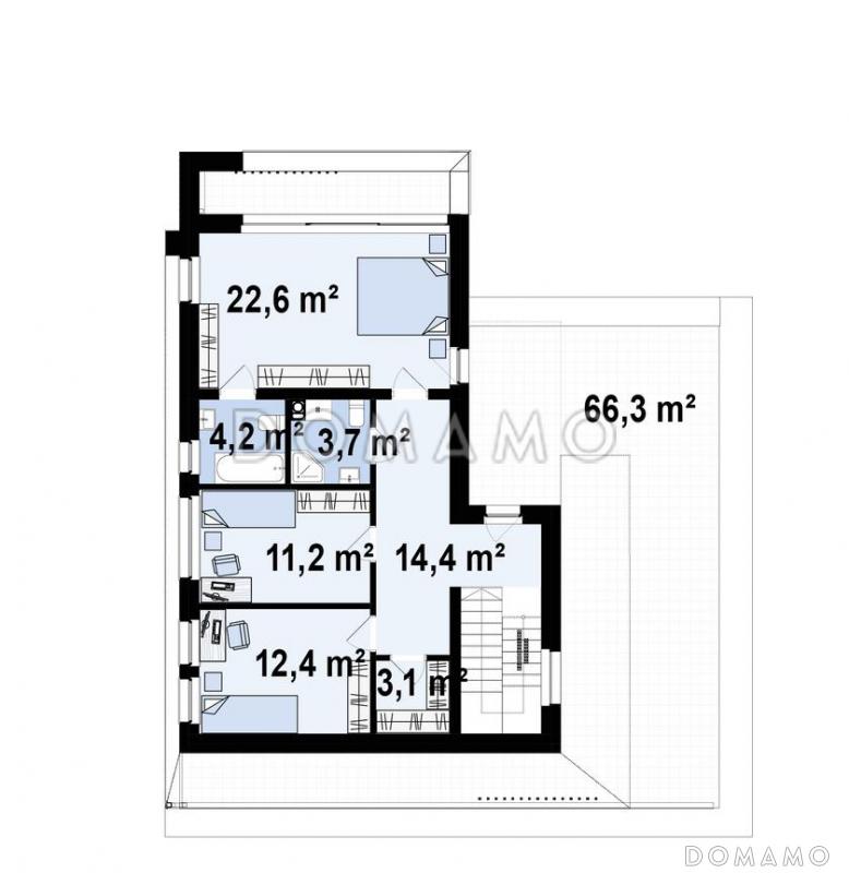 Проект современного дома с гаражом для автомобиля, кабинетом, террасой на втором этаже / План 2 этажа