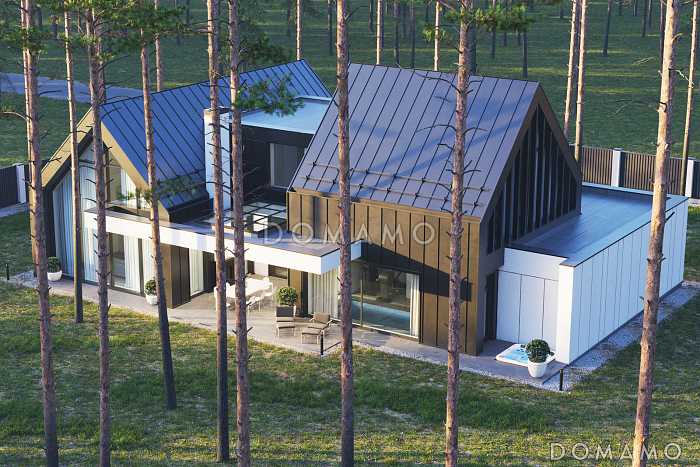 Проект сблокированного дома с спа-зоной, джакузи под открытым небом, просторной гостиной-столовой