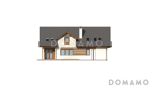 Проект одноэтажного дома из газобетона с четырьмя спальнями и кабинетом на мансардном этаже и встроенным гаражом / Фасад 3