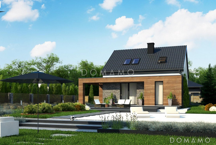 Проект компактного одноэтажного мансардного дома из кирпича с кабинетом и двумя спальнями