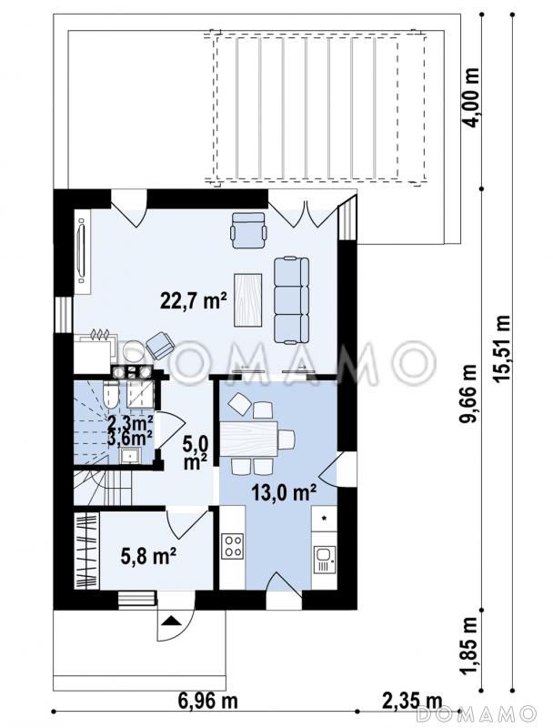 Проект эргономичного двухэтажного дома с террасой, кухней-столовой, тремя спальнями / План 1 этажа