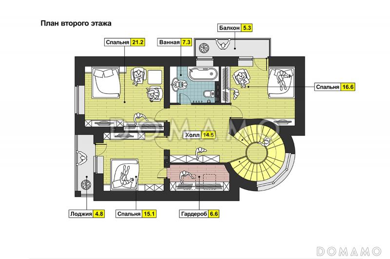 Проект дома с башней, окнами в пол на веранде, с балконом и лоджией / План мансардного этажа