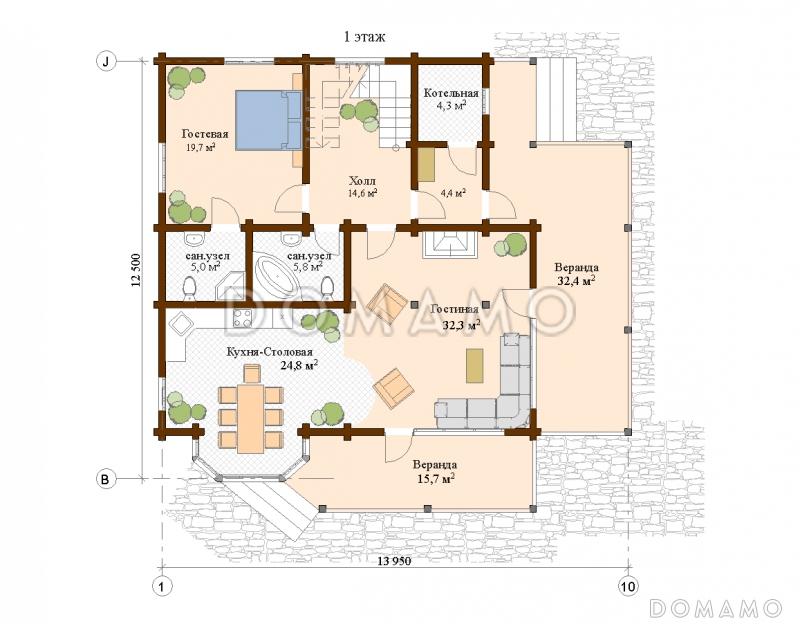 Проект дома с тремя спальнями на мансардном этаже / План 1 этажа