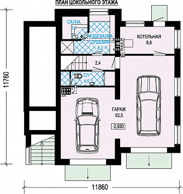 Проект трехэтажного газобетонного дома с двойным гаражом / План цокольного этажа