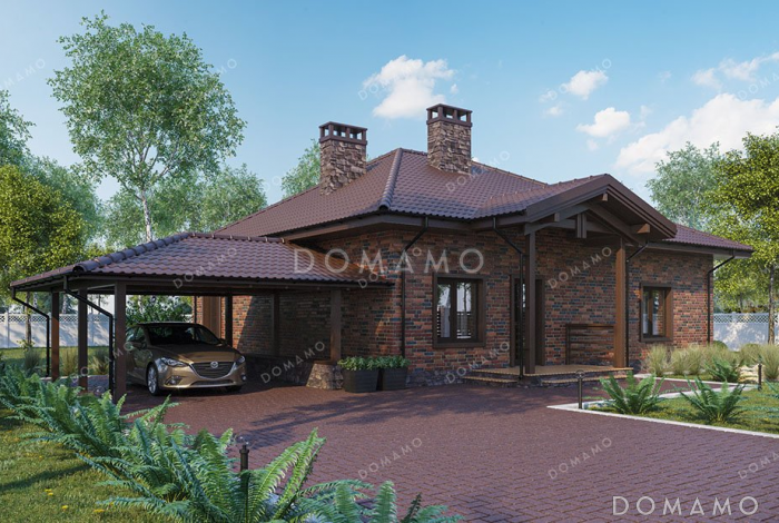 Проект одноэтажного дома с террасой и навесом для авто