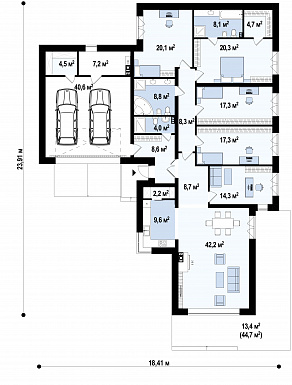 Проект современного дома с гаражом на 2 машины и кладовой, просторной гостиной, кухней с угловым окном и кладовой, террасой / План 1 этажа