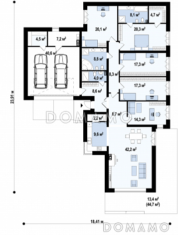 Проект современного дома с гаражом на 2 машины и кладовой, просторной гостиной, кухней с угловым окном и кладовой, террасой / План 1 этажа