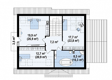 Проект классического мансардного дома из газобетона с дополнительной спальней на первом этаже, с эркером и гаражом / План мансардного этажа