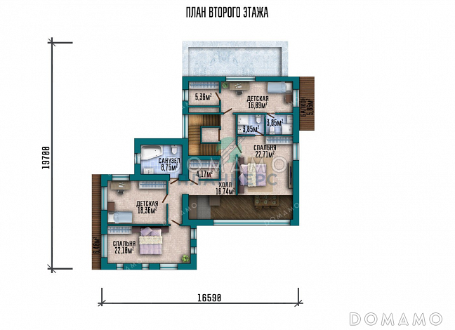 Проект большого трехэтажного дома с террасой и гаражом / План 2 этажа