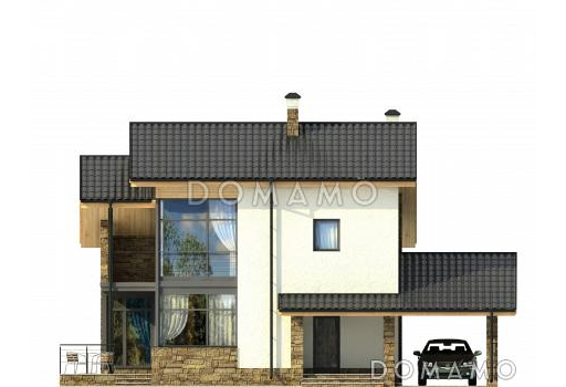 Проект уютного загородного дома с парной в цокольном этаже, навесом для машины, тремя спальнями на мансардном этаже / Фасад 1