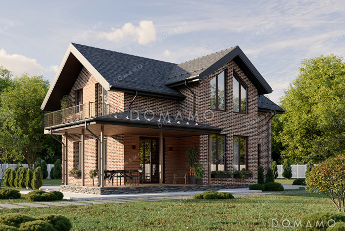 Проект дома с 4 спальнями на мансарде, балконом, террасой и гостевой комнатой на первом этаже