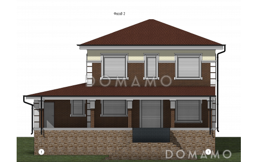 Проект загородного дома с террасой, гаражом, кабинетом, двумя детскими / Фасад 2