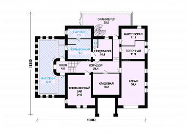 Проект кирпичного дома с воздушной оранжереей / План цокольного этажа