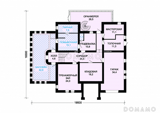 Проект кирпичного дома с воздушной оранжереей / План цокольного этажа